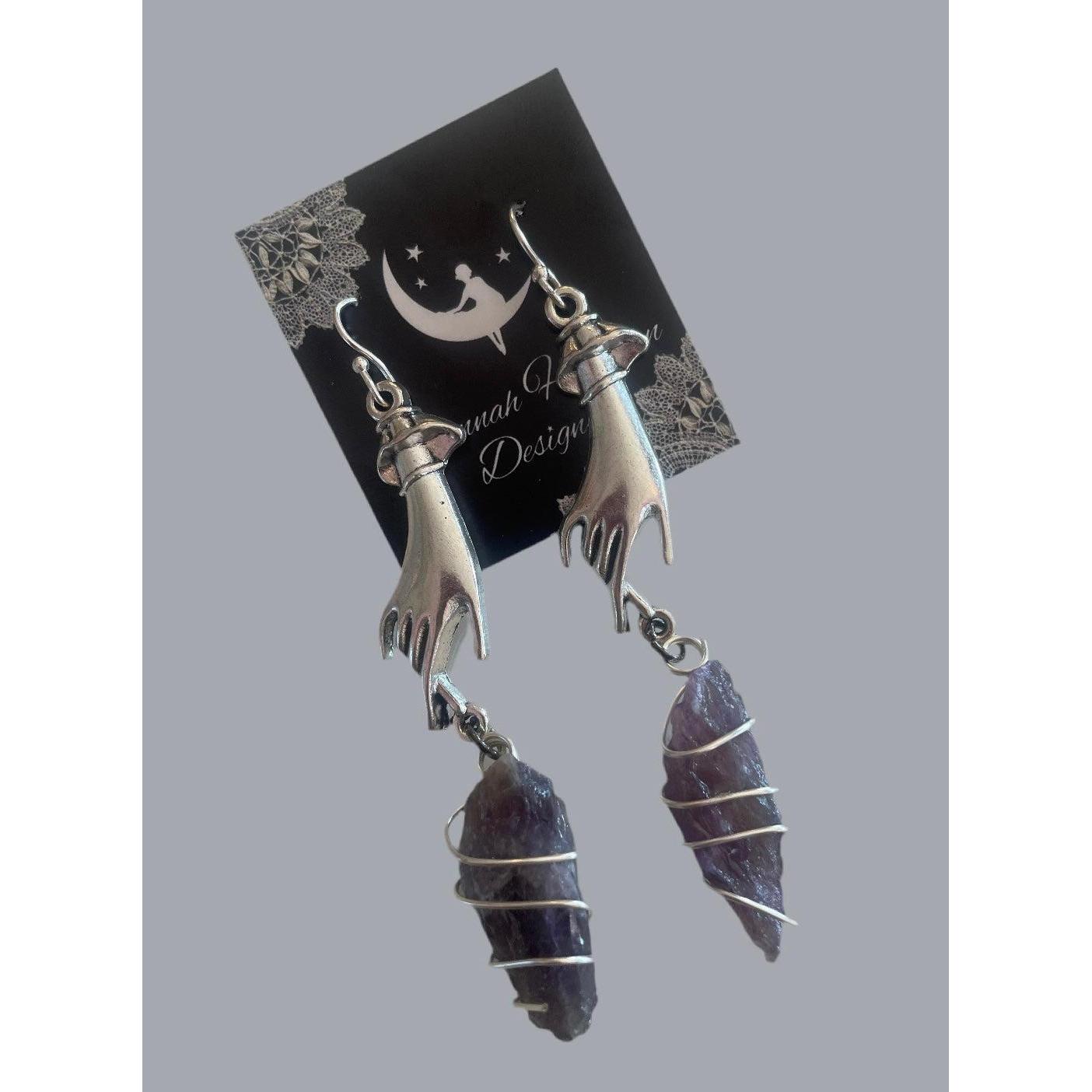 Amara Amethyst Crystal & Hand Earrings-Womens-Eclectic-Boutique-Clothing-for-Women-Online-Hippie-Clothes-Shop