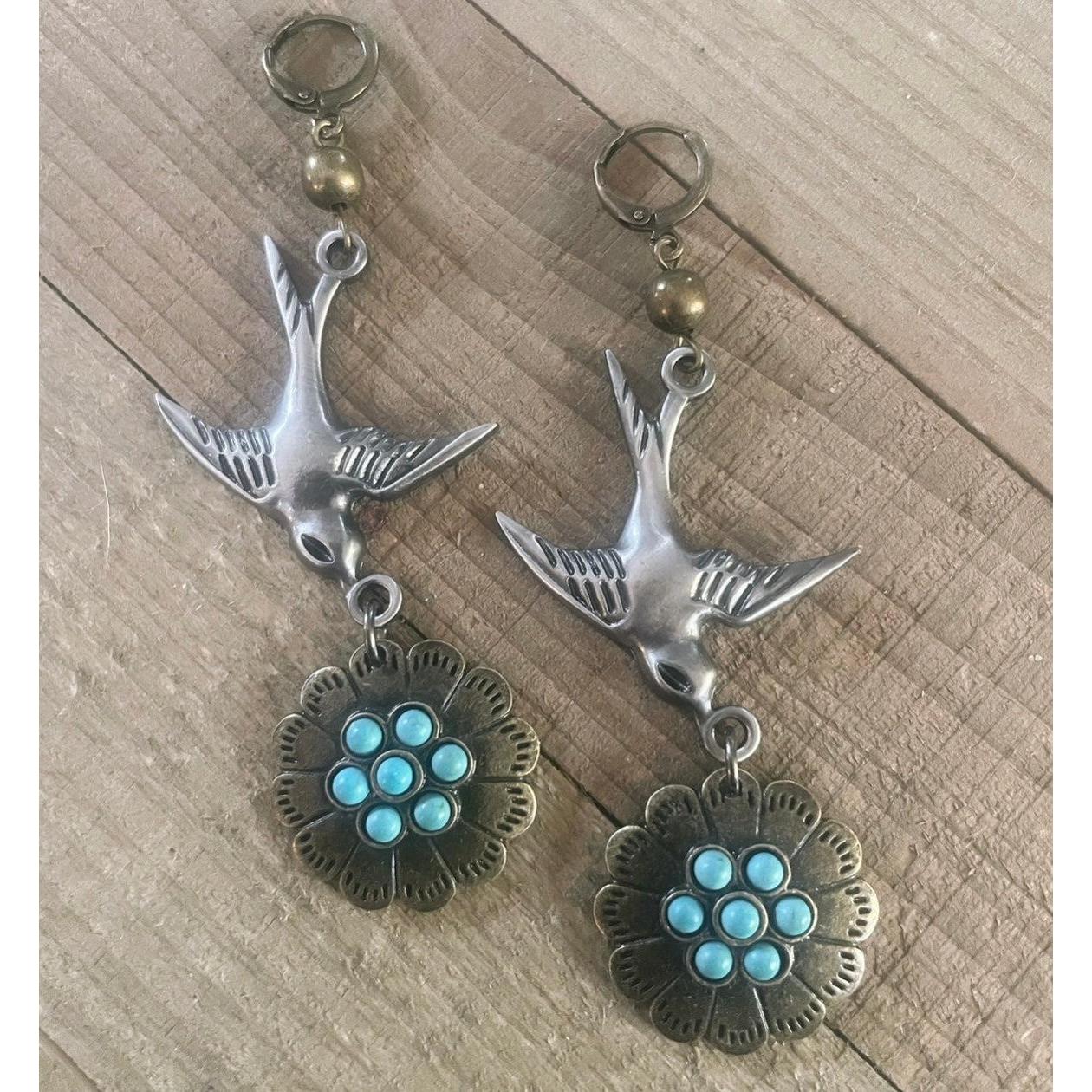 Birds with Turquoise Flower Earrings-Womens-Eclectic-Boutique-Clothing-for-Women-Online-Hippie-Clothes-Shop