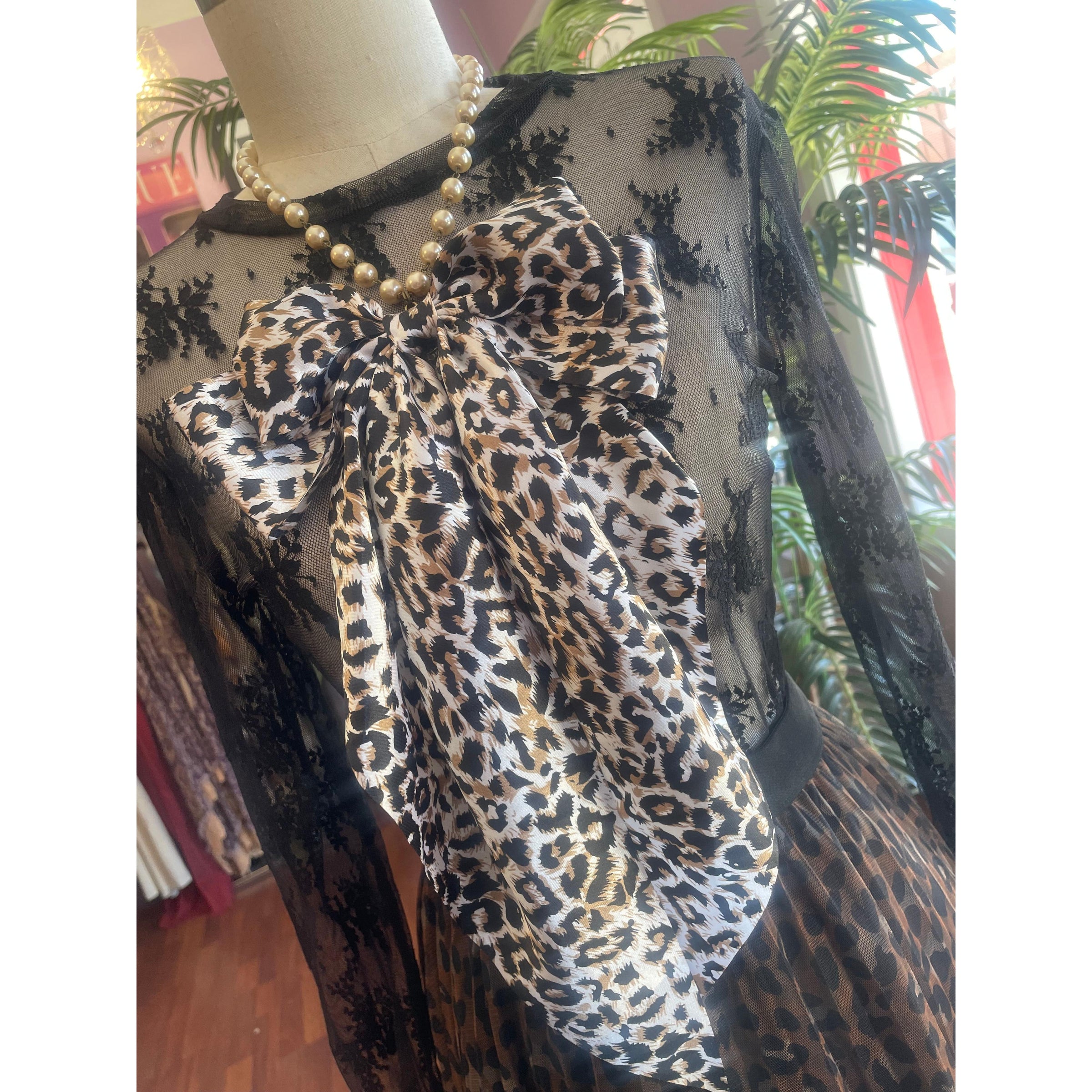 Leopard Bow on Pearl Necklace-Womens-Eclectic-Boutique-Clothing-for-Women-Online-Hippie-Clothes-Shop