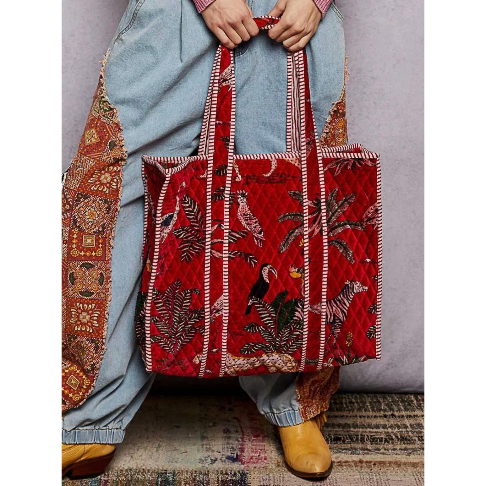 Jungle Red Velvet Tote-Womens-Eclectic-Boutique-Clothing-for-Women-Online-Hippie-Clothes-Shop
