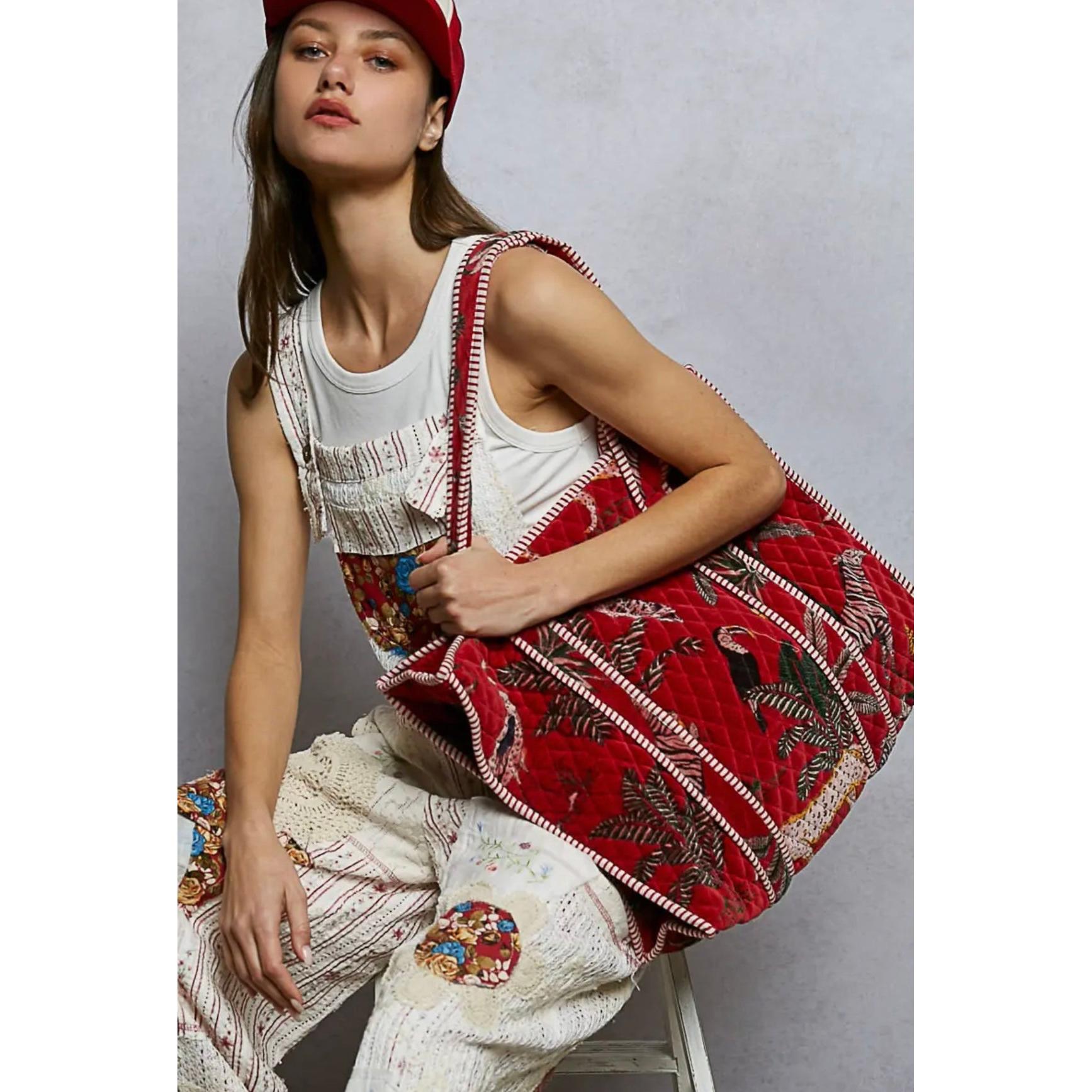 Jungle Red Velvet Tote-Womens-Eclectic-Boutique-Clothing-for-Women-Online-Hippie-Clothes-Shop