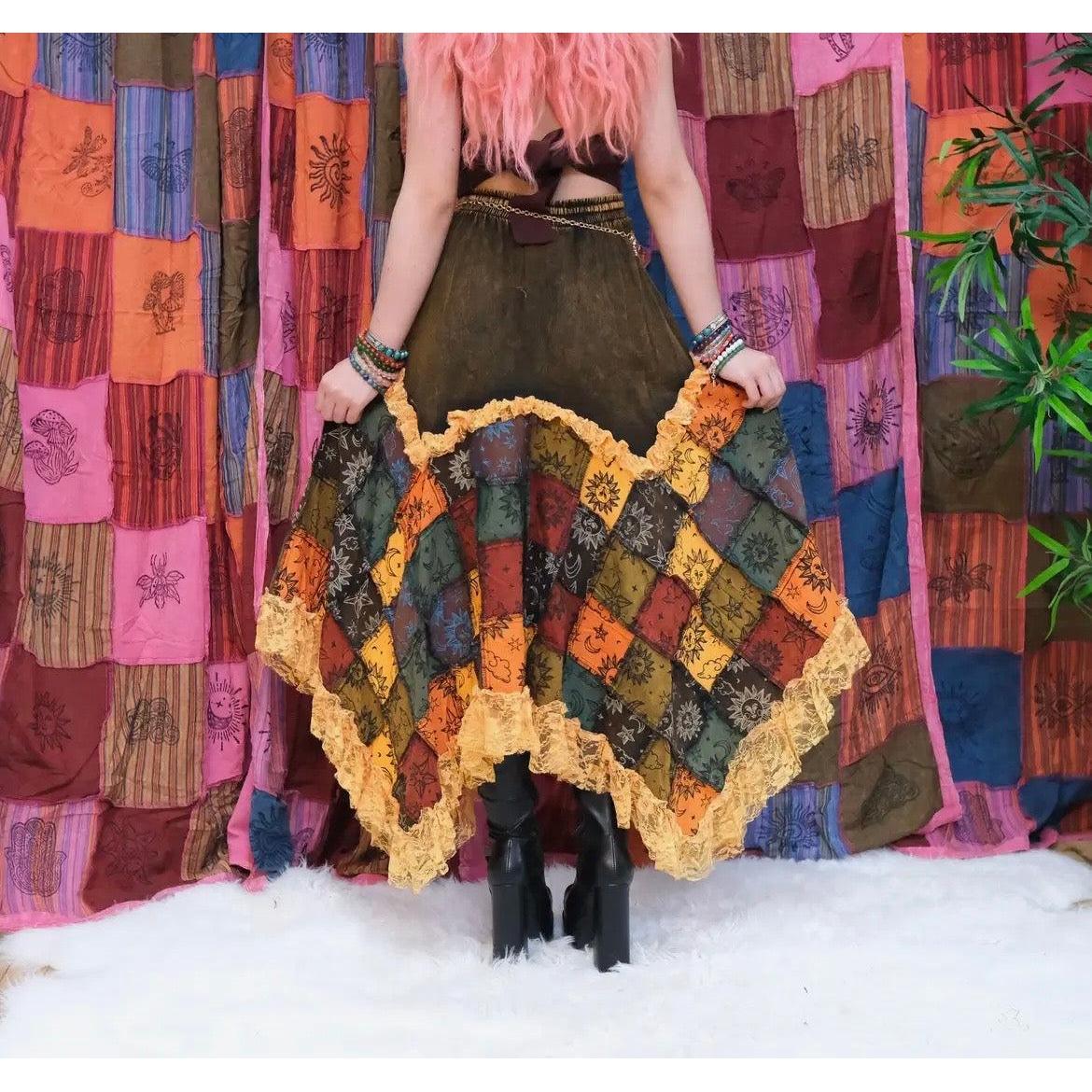 Rust Celestial Patchwork Skirt-Womens-Eclectic-Boutique-Clothing-for-Women-Online-Hippie-Clothes-Shop